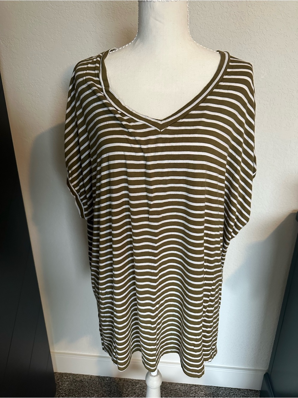 Philosophy Olive Green and White Striped V-Neck Women's Top